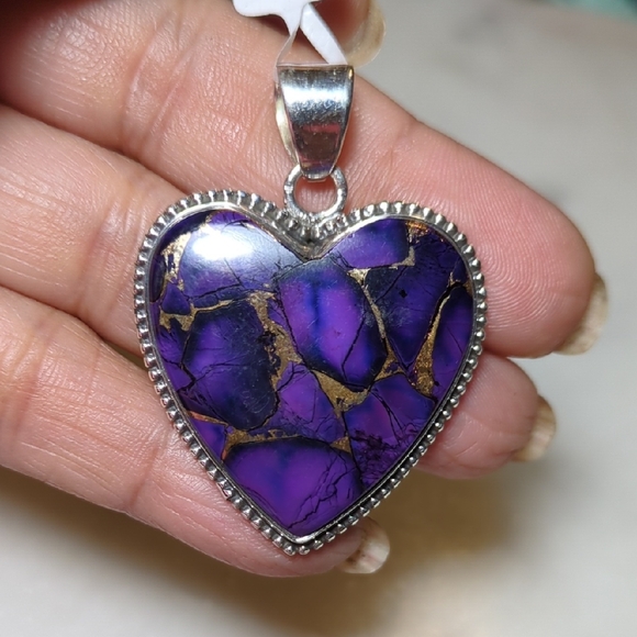 Purple Copper Turquoise gemstone heart pendant in 925 sterling silver. - Picture 4 of 6